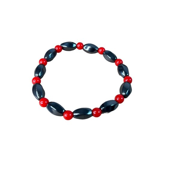 Hematite & Red Bead Stretch Bracelet - 7 Inch - Picture 2 of 4